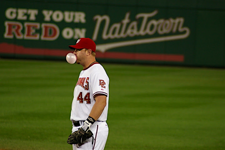 Adam Dunn blows a bubble