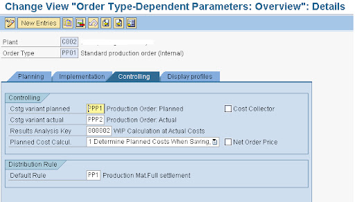 configuration required for sap production order and process order sap costing sheets