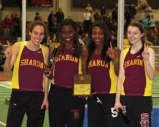 2010 McIntyre Elite Relays 4 x 50yd Shuttle Relay Champions (l to r) seniors Ali Kirsch, Camille Henry, Jen Jaboin, and junior Sara Gildersleeve.