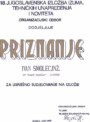 RAST YU 90 - priznanje