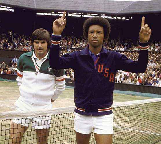 Tennis: Wimbledon. USA Arthur Ashe victorious after winning Finals match vs USA Jimmy Connors at All England Club.London, England 7/7/1975MANDATORY CREDIT: Tony Triolo/Sports IllustratedSetNumber: X19662