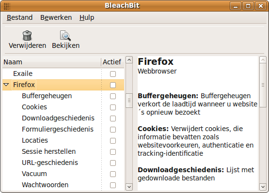 BleachBit 0.5.2 on Ubuntu 9.04 (Jaunty Jackalope)
) in Dutch (Nederlands)