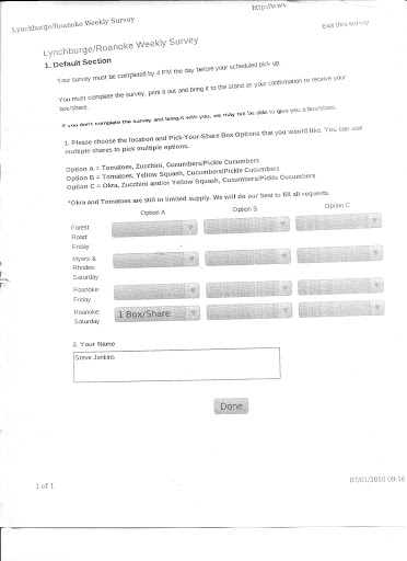 Sausser Farms Roanoke Survey for Weekend of 7/2-7/3