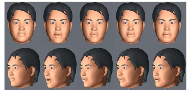 Neutral and deformed faces corresponding to the first four MUs. The top row is a frontal view and the bottom row is a side view.