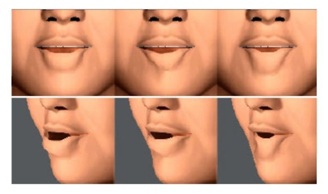 Three lower lip shapes deformed by three of the lower lip parts-based MUs respectively. The top row is the frontal view and the bottom row is the side view.