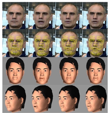 Typical tracked frames and corresponding animated face models. (a) The input frames; (b) the tracking results visualized by yellow mesh; (c) the front views of the synthetic face animated using tracking results; (d) the side views of the synthetic face. In each row, the first image corresponds to a neutral face.