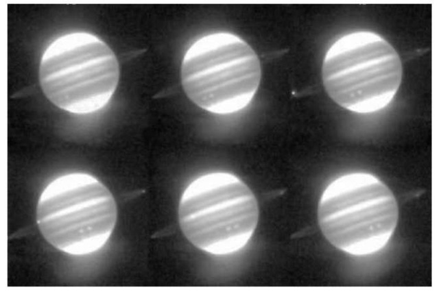 Sequence of Infrared Telescope Facility (IRTF) images of Jupiter, its ring, and the two inner satellites Metis and Amalthea. The images span 2 hours; time increases from upper left to lower right. Metis first appears in the second image, following transit across the face of the planet. The brighter satellite, Amalthea, first appears in the third image before transiting across the planet.This figure is available in full color at http://www.mrw.interscience.wiley.com/esst.
