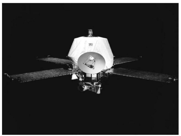  The Mariner 9 spacecraft was built on octagonal magnesium frame 18 inches (45.7 centimeters) deep and 54.5 inches (138.4 centimeters) across a diagonal. Four solar panel each 85 x 35 inches (215 x 90 centimeters), extended out from the top of the frame. Each set of two solar panels spanned 23 feet (6.89 meters) from tip to tip. Also mounted on the top of the frame were two propulsion tanks, the maneuver engine, a 5-foot (1.44 meters) long low gain antenna mast and a parabolic high gain antenna. A scan platform was mounted on the bottom of the frame, on which were attached the mutually bore-sighted science instruments (wide-and narrow-angle TV cameras, infrared radiometer, ultraviolet spectrometer, and infrared interferometer spectrometer). The overall height of the spacecraft was 7.5 feet (2.28 meters).This figure is available in full color at http://www.mrw.interscience.wiley.com/esst.
