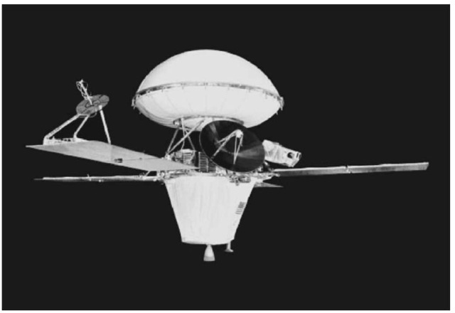 This image shows a model of one of the Viking spacecraft, which were made of two parts: an orbiter and a lander. The orbiter's initial job was to survey the planet for a suitable landing site. Later the orbiter's instruments studied the planet and its atmosphere, while the orbiter acted as a radio relay station for transmitting lander data. This figure is available in full color at http://www.mrw. interscience.wiley.com/esst.