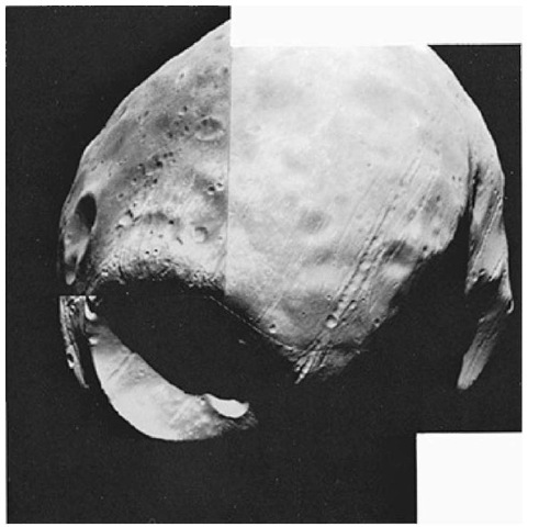 This view of Phobos was made by Viking Orbiter 1 on October 19, 1978 at a range of 612 kilometers (379 miles) during the spacecraft's 854th revolution of Mars. This view was made just before Phobos entered the shadow of the planet. The photomosaic shows the front side of Phobos which always faces Mars—from about 10° below the equator with north at the top. Stickney, the largest crater on Phobos (10 kilometers; 6.2 miles across) is at the left near the morning terminator. Linear grooves coming from and passing through Stickney appear to be fractures in the surface caused by the impact which formed the crater. Two earlier new encounters with Phobos brought Viking Orbiter 1 within close range of the satellite, but had not provided scientists with good opportunities to observe Stickney as well. This view provides new high-resolution coverage of the front side of Phobos (approximately 19 x 22 kilometers; 11.8 x 13.6 miles as seen here) as well as the highest resolution yet achieved of the western wall of Stickney. Kepler Ridge is casting a shadow in the southern hemisphere which partially covers the large crater (Hall) at the bottom.