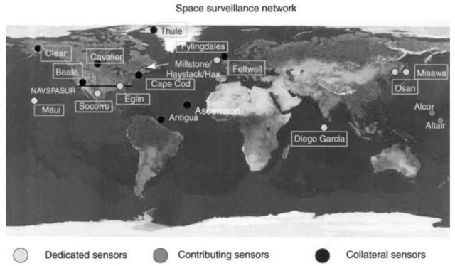 The Space Surveillance Network is a worldwide network of ground- and space-based sensors that has radar and ground stations located on every continent. Figure courtesy USAF Air University. Picture can be found at http://www.au.af.mil/au/ awc/awcgate/usspc-fs/space.htm. This figure is available in full color at http://www.mrw. interscience.wiley.com/esst.