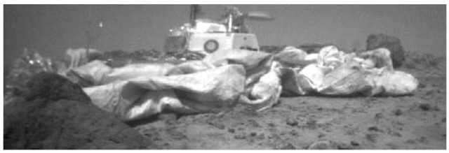  Rover view of the lander on the surface of Mars. Notice how far the airbags retracted.