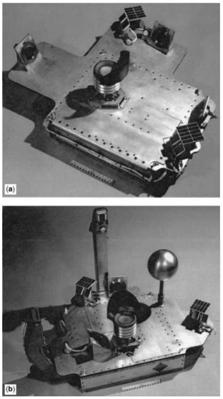  External components of IAPS modules include the ion thruster (shown at center) surrounded by diagnostic instruments. (a) Ram/wake module; (b) Zenith module.