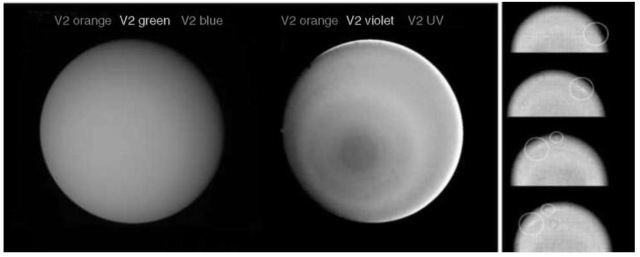  [JPL P29478]. Voyager 2 images of Uranus taken on 17 January 1986 using blue, green, and orange filters to make the true-color composite (left), which displays a virtually featureless disk. UV, violet, and orange filtered images were shown as blue, green, and red components in the extremely enhanced false-color image (middle), which reveals polar bands of UV-absorbing haze particles, centered on the South Pole of Uranus (IAU convention). Even in this view, no discrete cloud features are apparent. [Voyager 2 JPL P29467.] The right-hand time sequence of orange-filtered images from 14 January 1986 shows the motion of two small bright streaky clouds that were the first discrete features ever seen on Uranus. Uranus is rotating counterclockwise in this view, as are the clouds, though more slowly than Uranus' interior, revealing that low latitude winds on Uranus are retrograde, as are the winds on Neptune. This figure is available in full color at http://www.mrw.interscience.wiley.com/esst.
