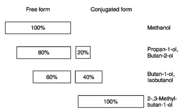 Conjugation rate of congener alcohols with glucuronic acid.