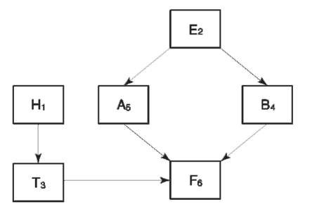 Causal network of nodes in the fictitious example. A: X committed the murder; B: Y committed the murder; E: Eyewitness evidence of a row between X, Y and the victim sometime before the commission of the crime; F: Fibers from a jacket similar to one found in the possession of X are found at the crime scene; H: Y drives X's car regularly; and T: Y picks up fibers from X's jacket. 