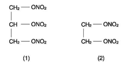 The structure of nitroglycerine (1) and ethyleneglycoldinitrate (2).