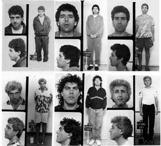 Six-person photographic line-up. The suspect is in the middle of the top row.