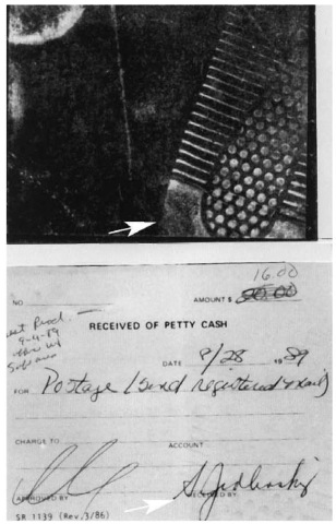  A residue impression is barely visible on a piece of paper knocked to the ground and stepped on during a robbery. Above it is a photograph of an electrostatic lift of the same piece of paper, clearly showing the footwear impression.