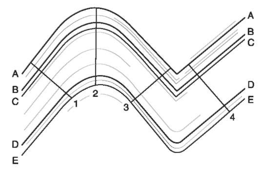 Effect of alteration in direction of an implement across a surface. An alteration in the lateral movement of the implement across the marked surfaces will alter the distance between corresponding striations. If locations 2 and 3 existed as two separate marks, trying to demonstrate a relationship between them would be difficult. 