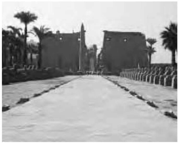 The great temple pylon gates of Luxor, flanked by an avenue of sphinxes. 