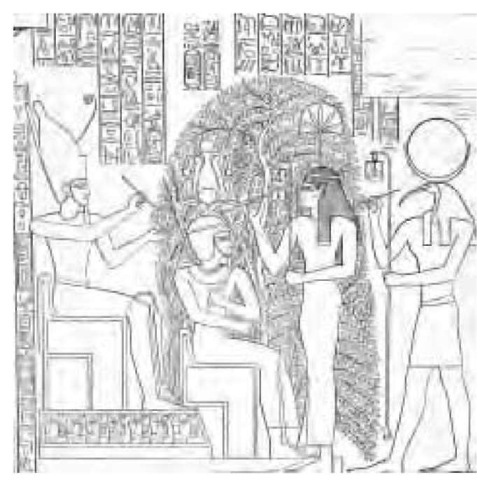 The Persea Tree that held the names of the rulers of Egypt on a bas-relief from the Ramesseum. The goddess Sheshet (second from right) writes the name of Ramesses II (seated center) on the leaves of the tree. To his left sits the god Amun Re and at far right is Thoth, the god of wisdom. 