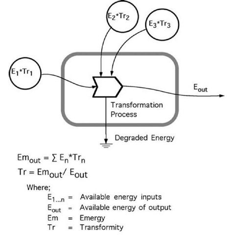 In all processes, some energy is degraded and some is transformed into higher quality energy. The energy out is equal to the sum of the input energies minus the degraded energy. The emergy out is equal to the sum of the input emergies. The equations at the bottom of the figure show the general calculation of emergy of a product. 
