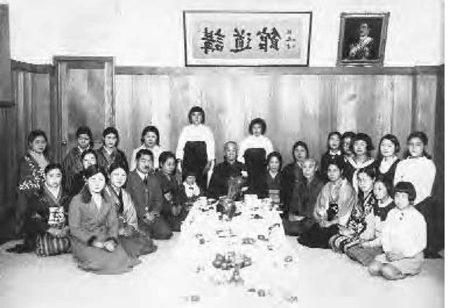 A photo of the women's section at the Kodokan dojo, 1935. Kano Jigoro is seated at the center and K. Fukuda is kneeling in the front row, third from the left. 