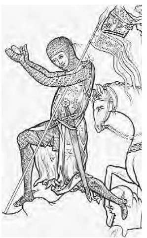 A knight of the crusades in chain mail kneels in homage, his helmet being held above his head by another, ca. 1275.