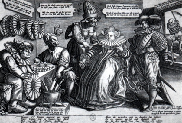 Caricature sur l'usage des fraises, Gravure, vers 1595 Caricature sur l'usage des fraises, Gravure, vers 1595