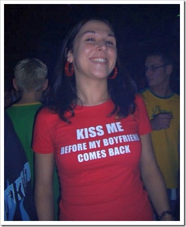 Kiss me before my boyfriend comes back funny t-shirt.