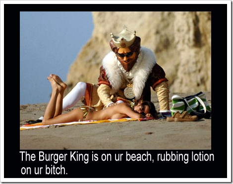 Burger King rubbing lotion on woman.
