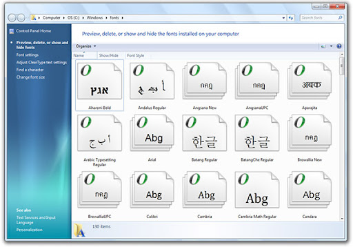 Font Management in Windows 7 Screenshoots