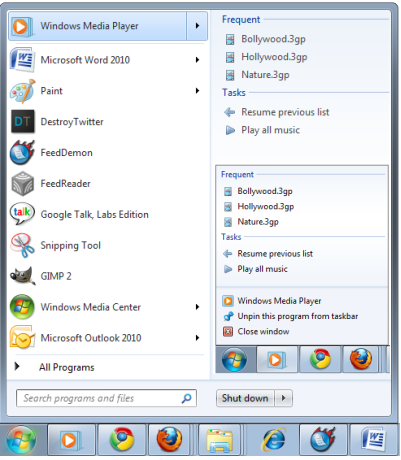 Windows Media Player 12 Jumplist