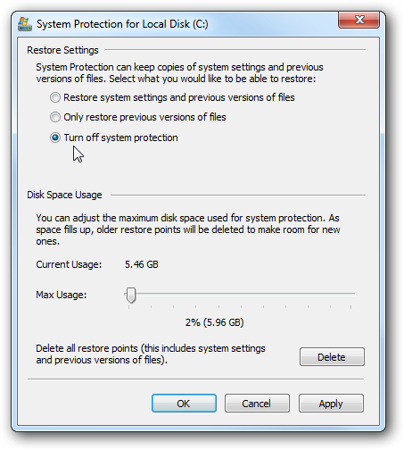 Disable System Restore Feature Windows 7