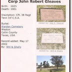 John Robert Gleaves Son of James Robertson and Elizabeth Wood Gleaves Warden Cemetery Weston, Collin County, Texas