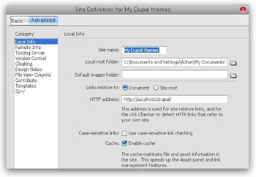 Define local site in Dreamweaver for Drupal themes