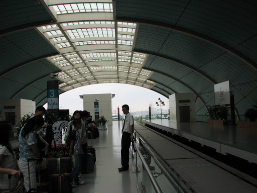 Inside the Maglev station. The Maglev runs from Pudung to the airport. It reaches speeds of over 400 Km/hr.