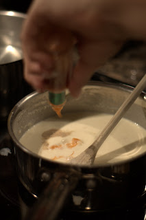 picture of adding parmesan, tabasco, and white pepper to bechamel