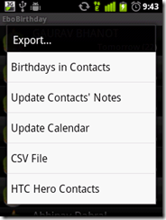 menu –> export –> update calendar menu –> export –> update calendar