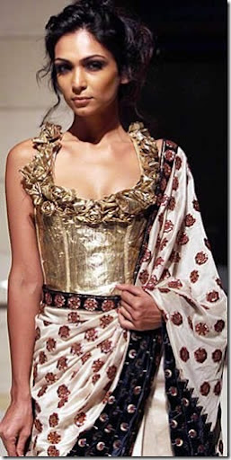 Model displaying Rohit Bal sari paired with designer Sari blouse at Delhi 