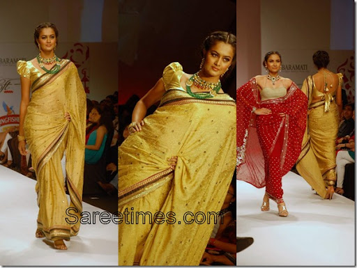 Model displaying beautiful bridal saree with lace border paired with ruffled