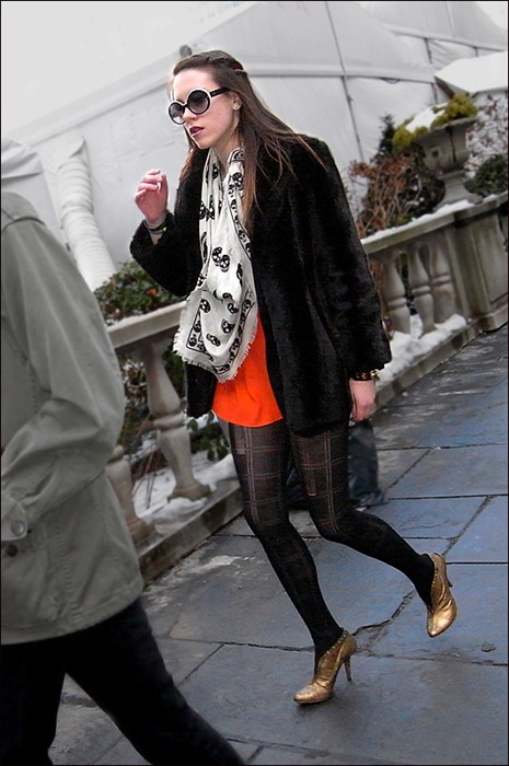 w gold heels skull scarf faux fur orange top pattern leggings