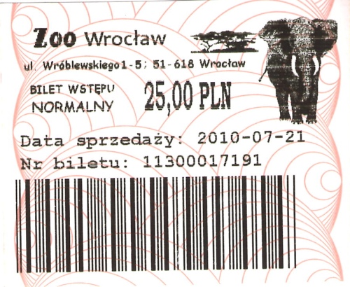 Bilet normalny do wrocławskiego zoo, który kupiliśmy w... biletomacie (kolejki do kasy były zbyt długie)