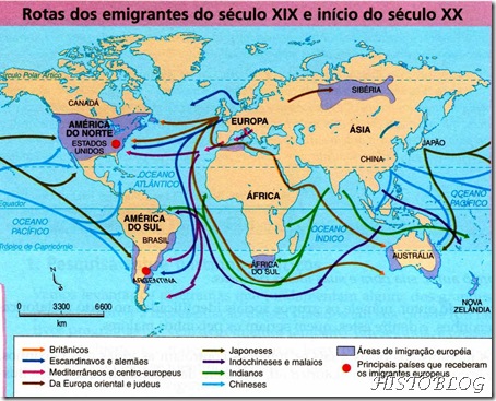 mapa  Rotas dos imigrantes do séc XIX e XX