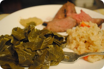 Collards, risotto, and roast