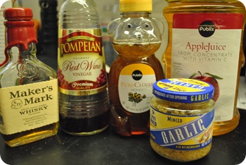 bourbon, red wine vinegar, honey, garlic, apple juice, and (unpictured) balsamic vinegar