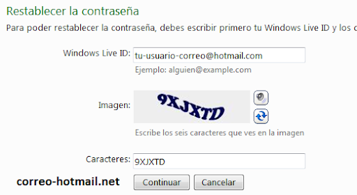 Restablecer contraseña Hotmail datos previos