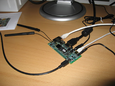 Close-up of the Gumstix Overo Fire embedded computer mounted on the Tobi expansion board.