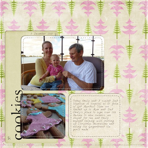 SupplyTracker by SpeedScraps 
Scrapbookgraphics Santa Brings Goodies blog train Paper by Dawn Inskip 
Ellie Lash Cold Front
Studio Tangie Christmas Flashcards
Candy Christmas Paper by Madame Wing and Sugarplum Paperie
Syrin Stitched Christmas stiched frames



Today Emily and I visited Dad Shanhun in hospital at St John of God Murdoch. Then we headed up to Mum and Dad Okely’s place to sign over the Barina to new owners, we stayed for tea and Emily enjoyed helping with putting up Christmas decorations and eating the Gingerbread the girls made
